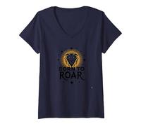 Regalo Zodiacale da Donna Born to Roar Maglietta con Collo a V, Donna, Navy, XXL