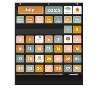 REGELETO Boho - Calendario tascabile con 46 + 3 tasche, con 92 carte, per classe, misura grande: 73 x 61 cm, calendario mensile nero e tabella meteo tascabile per bambini che imparano a casa o