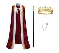 Regenboog Costume da re per uomini e donne con corona in metallo, mantello bordeaux per adulti, scettro, spilla, abito da re, costume da regina, costume da Lord Farquaad, Halloween, XL