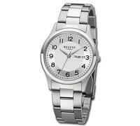 REGENT Orologio da uomo con cinturino in acciaio inox 38 mm diametro quarzo piatto numeri arabi giorno data DayDate, argento, Bracciale