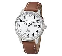 Regent Orologio da uomo con cinturino in pelle in acciaio inox resistente all'acqua 10 ATM corona avvitata numeri arabi al quarzo data, Quadrante bianco, cinghia