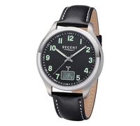 REGENT Orologio radiocontrollato da uomo in titanio analogico digitale con cinturino in pelle e numeri arabi, nero/nero, cinghia