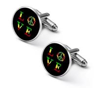 Reggae - Gemelli rotondi per camicia con scritta "Peace Love Music Jamaica", per affari, matrimoni, feste, festa del papà, 1.7cm, Metallo, Nessuna pietra preziosa