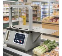 Reggiatrice automatica per verdure, Macchina per nastri a caldo per colata, Piccola confezionatrice di verdure del supermercato, Utilizza nastro da 12 mm per alimenti, stampa, abbigliamento