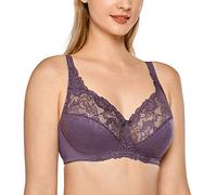 Reggiseni minimizer senza fili in pizzo da donna, Nero Viola, 5E | Coppe sfoderate, copertura completa, cinghie regolabili
