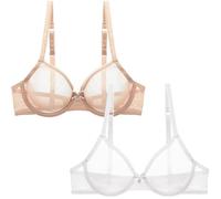 Reggiseno da donna in pizzo trasparente senza imbottitura, con ferretto, ultra sottile e leggero, per supporto e rialzo, Beige+bianco, XL