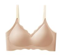 Reggiseno da donna per tutti i giorni, comodo, senza fili, smerlato, reggiseno con scollo a V, morbido supporto confortevole, reggiseni sottili per le donne, Beige, L