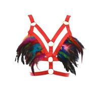 Reggiseno erotico da donna, in filo colorato, con rilegatura a molla, con cinghie multicolori, per donna con piume, Rosso anguria., Taglia Unica