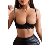Reggiseno sexy da donna a 1/4 di coppa in pizzo con ferretto sfoderato push up a balconcino bralette top, Nero , L