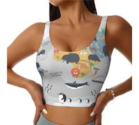 Reggiseno sportivo da donna, ad alto sostegno, con mappa del mondo con animali dei cartoni animati, per corsa, allenamento, canotta da donna, Nero, M