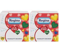 Regina di Cuori - 24 Pacchetti da 9 Fazzoletti di Carta Decorati, 4 Veli, Morbidi e Resistenti, Confezione con Apertura Facilitata, Carta 100% Certificata FSC® (Confezione da 2)