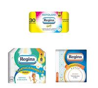 Regina Rotoloni, 30 Maxi Rotoli di Carta Igienica a Due Veli, Cartacamomilla - 24 Rotoli di Carta Igienica a Tre Veli, Cinquestelle, 1 Confezione da 43 Tovaglioli a Due Veli