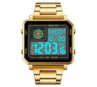 Reginald Orologi da uomo, alla moda, multifunzione, per sport all'aria aperta, con grande display digitale, cronografo, in acciaio inox, orologi quadrati, Oro, Sport all'aria aperta