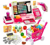 Registratore di Cassa Giocattolo Realistico per Bambini 3-8 Anni con Scanner, Musica, Cibo e Carrellino - Giochi di Ruolo Negozi (Rosso-Rosa)