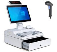 Registratore di Cassa Pos, Registratore di Cassa All-In-One per Piccole Imprese, con Touch Screen da 14", CPU I3 Dual-Core, Cassetto Contanti, Stampante da 58 mm, Scanner per Codici a Barre White