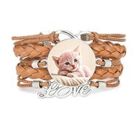 Regolabile In Pelle Intrecciata Con Ciondolo A Forma Di Gatto Cremoso E Inf