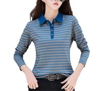 REHJJDFD Donna Camicia Polo a Manica Lunga in Cotone Righe Elasticizzata con Cintura a Costine, Blu, XXL