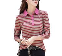 REHJJDFD Donna Camicia Polo a Manica Lunga in Cotone Righe Elasticizzata con Cintura a Costine, Rosso, XL