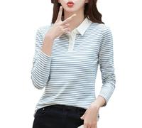 REHJJDFD - Maglia da donna a maniche lunghe, polo a righe, in cotone, primavera e autunno, in jersey elasticizzato, Blu, L
