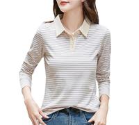 REHJJDFD - Maglia da donna a maniche lunghe, polo a righe, in cotone, primavera e autunno, in jersey elasticizzato, Viola, L