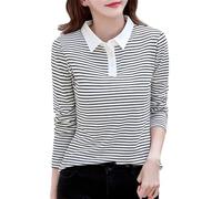 REHJJDFD - Maglia da donna a maniche lunghe, polo a righe, in cotone, primavera e autunno, maglietta stretch top, Nero , L