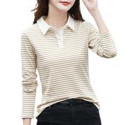 REHJJDFD - Maglia donna a maniche lunghe, polo a righe, primavera e autunno, in cotone, elasticizzata, Caff, L