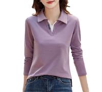 REHJJDFD Polo da donna a maniche lunghe tinta unita primavera autunno cotone tinta unita cintura t-shirt patchwork, Come nella foto, M
