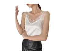 REHJJDFD Top in raso da donna per le donne con scollo a V Basic senza maniche in pizzo canotte da donna Top in seta femminile, bianco, L