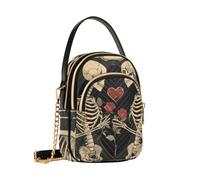 Reiacy Borsa a tracolla da donna, con due teschi, rose e cuori, con catena staccabile, borsa a tracolla per telefono