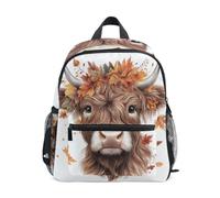 Reiacy Highland Cow Fall Leaves Kids Small School Backpack, Toddler Preschool Shoulder Bookbag Kindergarten School Bag Casual Daypack