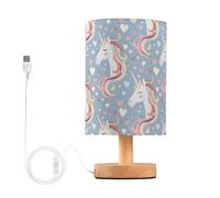 Reiacy Lampada da comodino con unicorno colorato con cuori per camera da letto, lampada da comodino USB piccola con base in legno per camera da letto, soggiorno, scrivania da ufficio