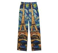 Reiacy Pantaloni del pigiama da bambino, Torre Eiffel Van V Gogh, morbidi pantaloni da notte per bambini, stampa unica divertente con tasche, 6-14 anni, Multicolore, 6-8 Anni