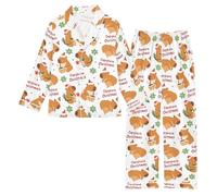 Reiacy Set pigiama in raso bianco con capibara per bambine, a maniche lunghe, con bottoni e pantaloni, 5-6 anni, Multicolore, 13 Years