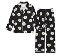 Reiacy Set pigiama in raso bianco con margherite nere per bambine a maniche lunghe con bottoni e pantaloni, 5-6 anni, Multicolore, 11 Years