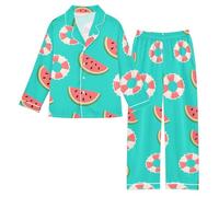 Reiacy Set pigiama in raso con anello da nuoto anguria per ragazze e bambini, a maniche lunghe, con bottoni e pantaloni, 5-6 anni, Multicolore, 9 Years