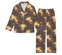 Reiacy Set pigiama in raso, con scimmie marroni, a maniche lunghe, con bottoni, camicie e pantaloni, 5-6 anni, Multicolore, 7 Years