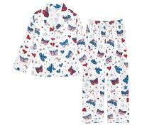 Reiacy Set pigiama in raso da bambina, motivo: farfalle, cuori, stelle, Stati Uniti, a maniche lunghe, con bottoni, camicie e pantaloni, 5-6 anni, Multicolore, 7 Years