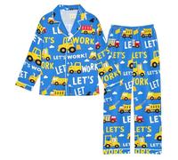 Reiacy Set pigiama in raso da bambina, motivo: nuvole di veicoli da costruzione, a maniche lunghe, con bottoni, camicie e pantaloni, 5-6 anni, Multicolore, 7 Years