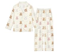 Reiacy Set pigiama in raso da bambina, motivo Sugar Bears Moon per bambine a maniche lunghe, con bottoni e pantaloni, 5-6 anni, Multicolore, 5 Years