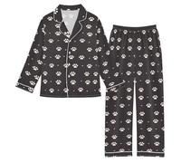 Reiacy Set pigiama in raso da bambina, motivo zampe di gatto, a maniche lunghe, con bottoni, camicie e pantaloni, 5-6 anni, Multicolore, 5 Years