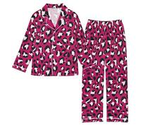 Reiacy Set pigiama in raso da bambina, stampa leopardata rossa rosa per bambine e bambine, a maniche lunghe, con bottoni e pantaloni, 5-6 anni, Multicolore, 11 Years