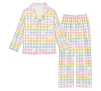 Reiacy Set pigiama in raso, motivo margherita arcobaleno scozzese, per bambine e ragazze, a maniche lunghe, con bottoni, camicie e pantaloni, 5-6 anni, Multicolore, 11 Years
