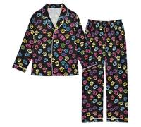 Reiacy Set pigiama in raso per bambina, con zampe di cane colorate, a maniche lunghe, con bottoni, camicie e pantaloni, 5-6 anni, Multicolore, 13 Years