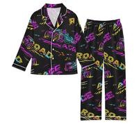 Reiacy Set pigiama in raso per bambina, motivo auto su strada, a maniche lunghe, con bottoni, camicie e pantaloni, 5-6 anni, Multicolore, 9 Years
