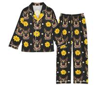 Reiacy Set pigiama in raso per bambina, motivo: pastore tedesco, margherite, a maniche lunghe, con bottoni, camicie e pantaloni, 5-6 anni, Multicolore, 7 Years
