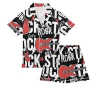 Reiacy Set pigiama in raso per bambini con chitarra elettrica, per ragazze e ragazzi, a maniche corte, con abbottonatura e pantaloncini, pigiama, 5-6 anni, Multicolore, 13 Years