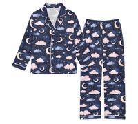 Reiacy Set pigiama in raso per ragazze, romantiche lune nuvole per ragazze e bambini a maniche lunghe abbottonate camicie e pantaloni pigiameria pigiama pigiama 5-6 anni, Multicolore, 5 Years