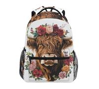 Reiacy Zaino per la scuola, zaino per computer portatile da 15,6 pollici, zaino da donna e bambini, con rose di mucca delle Highland, zaino leggero e casual, per viaggi e lavoro