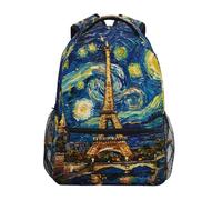 Reiacy Zaino per la scuola, zaino per computer portatile da 15,6 pollici, zaino da donna e bambini, Torre Eiffel Van V Gogh, zaino leggero casual per ragazze ragazzi viaggi e affari