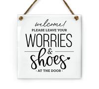 Reilly Originals Cartello con scritta "Leave Shoes & Worries at the door", 15,2 x 15,2 cm, pronto da appendere, finitura di alta qualità, durevole (bianco)